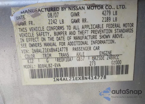 2008 Nissan Altima 2.5 S z USA, uszkodzony, nr VIN 1N4AL21EX8N414778